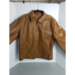 Mens Tan Brown Genuine Lambskin Leather Full Zip Bomber Jacket Large L